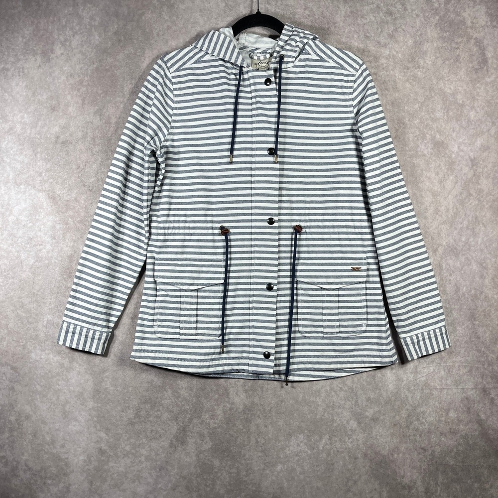 Levi's Barn Jacket Womens Small Blue White Striped Hooded Snap Front Pockets